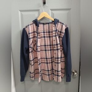 Plaid Button-Up Shirt with Navy Sleeves